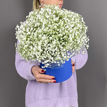 Композиция из белой гипсофилы в шляпной коробке