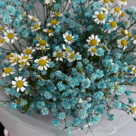 Букет_Голубая гипсофила и кустовая ромашка